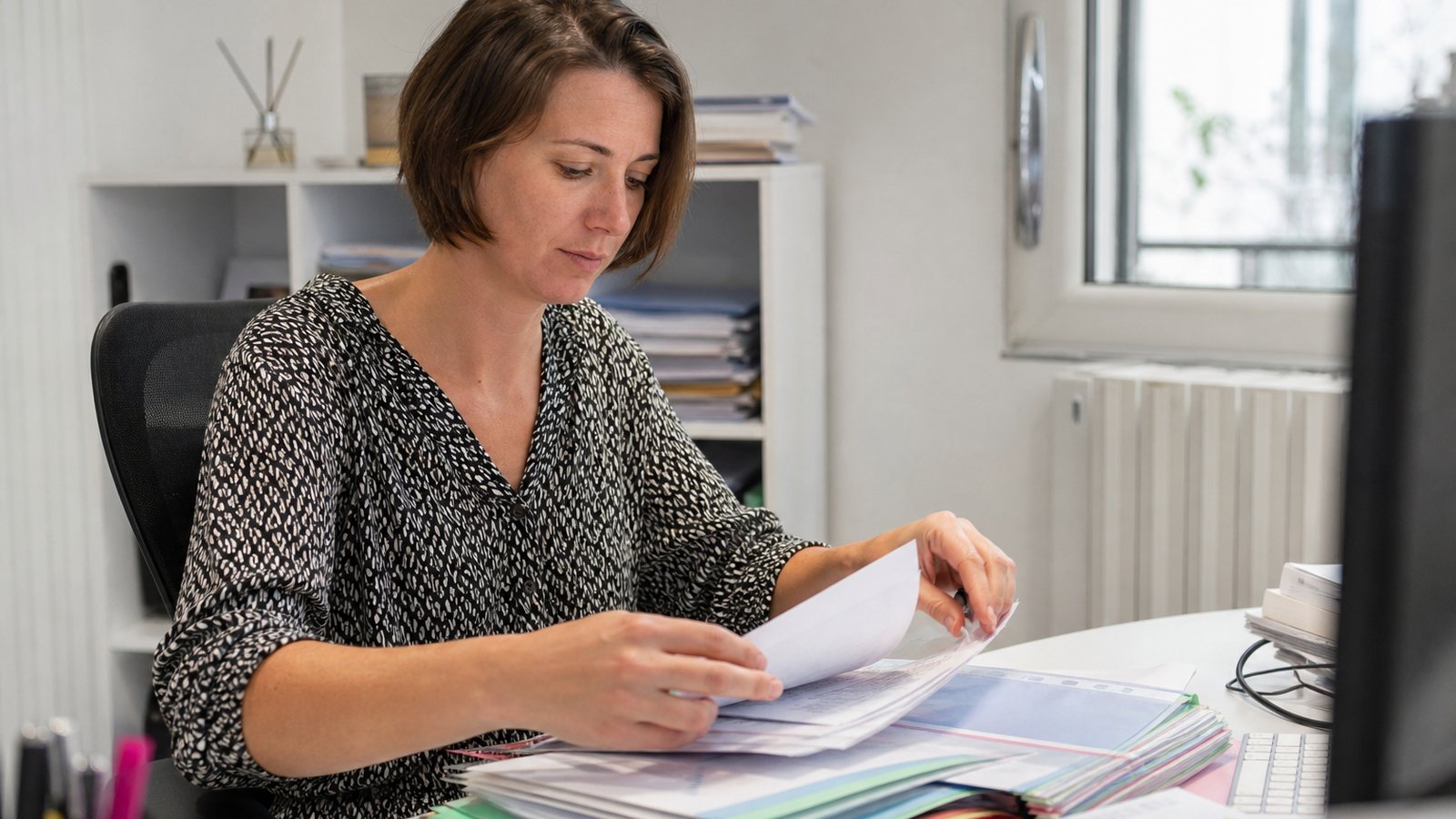 Dirigeant triant ses dossiers clients et archivant des documents dans le bureau d'une petite entreprise