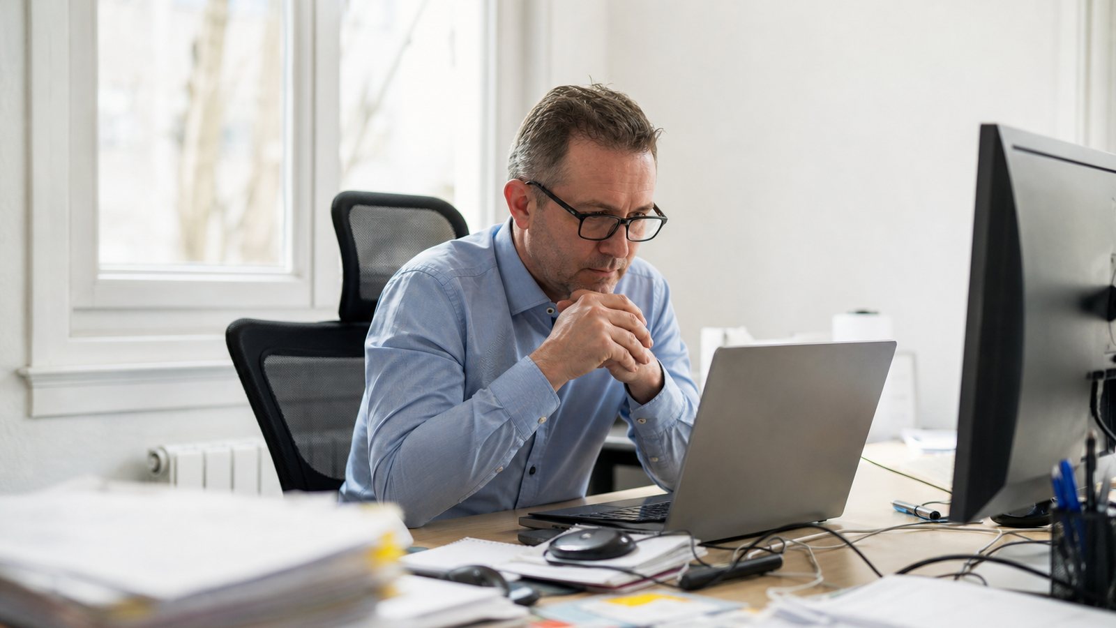 Responsable d'entreprise réagissant à une alerte de sécurité sur son ordinateur dans un bureau